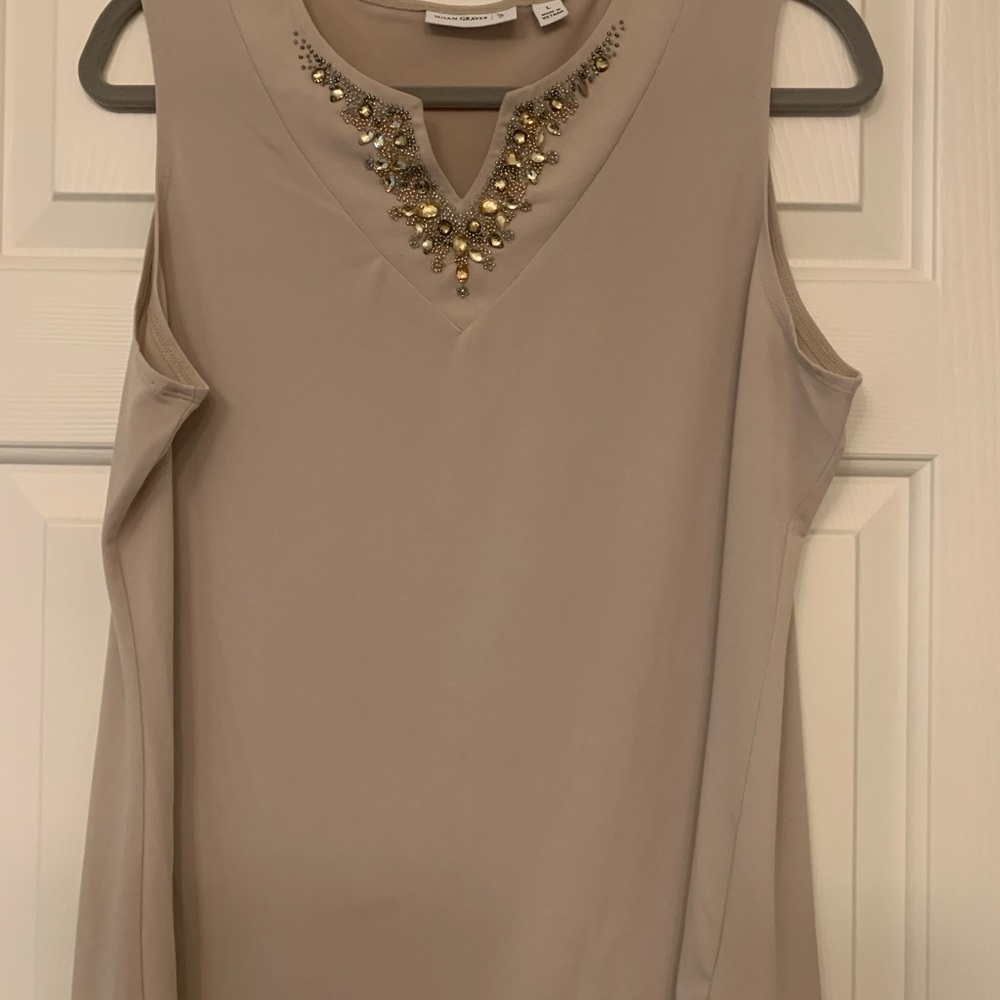 Sleeveless Tan Blouse with Rhinestone collar